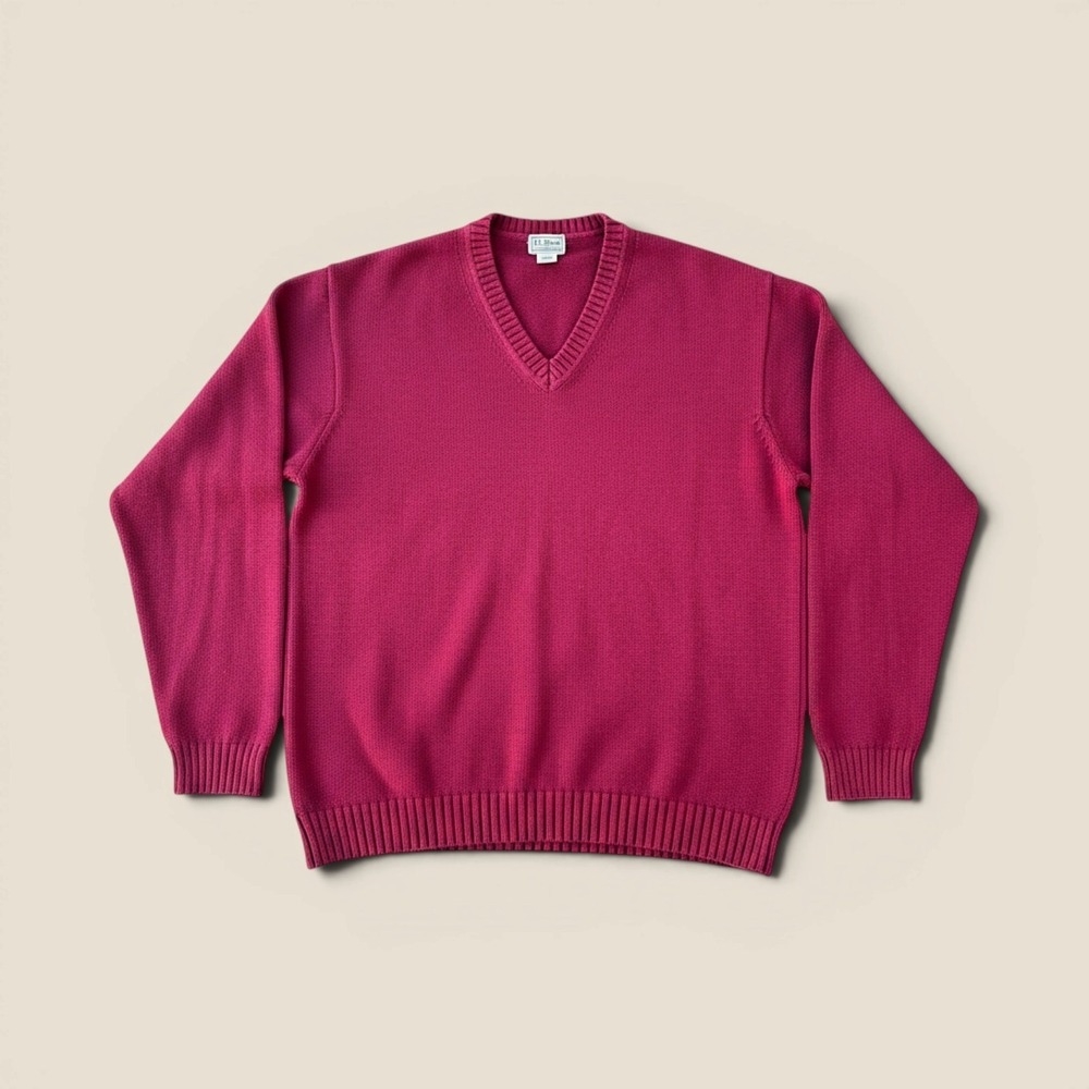 Y2K LL Bean Mens XL V-Neck Sweater Burgundy Red 100% Cotton Long Sleeve Pullover